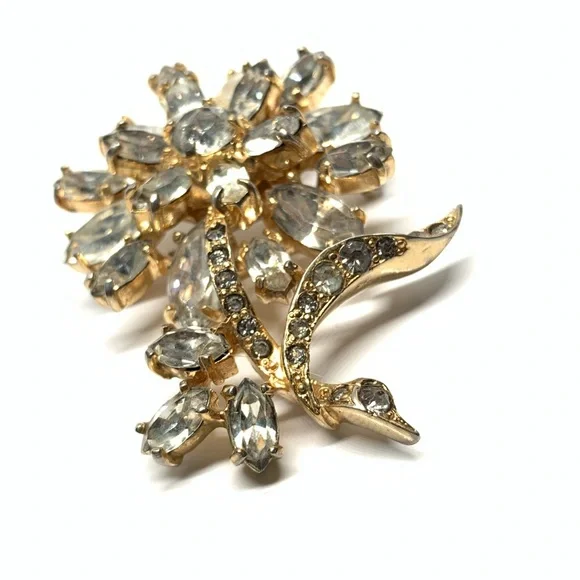 Vintage Original Eisenberg Goldtone Clear Rhinestone Flower Brooch - Picture 2 of 6